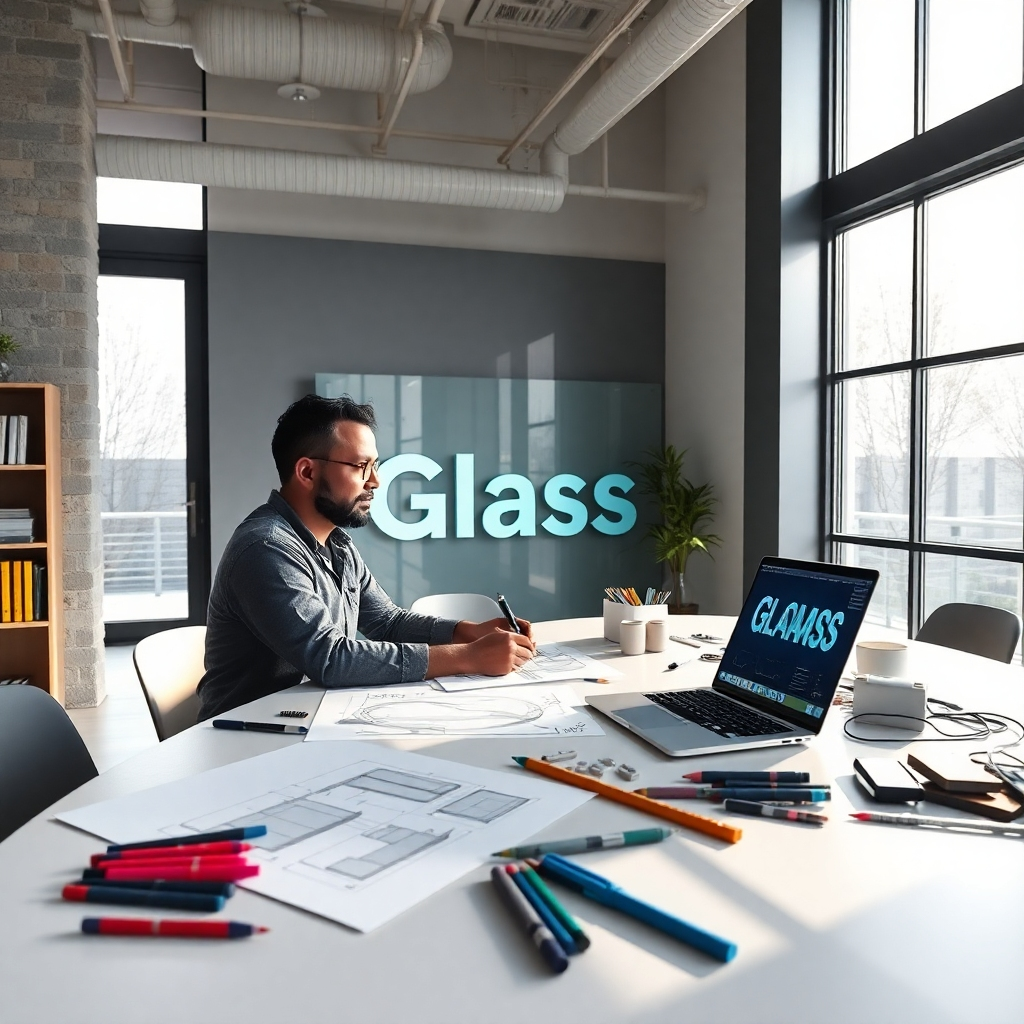 A modern workspace featuring a designer at a table with sketches of glass signage. The table is cluttered with design tools like markers, rulers, and a laptop displaying creative software. Natural light streams through large windows, highlighting the glass materials.