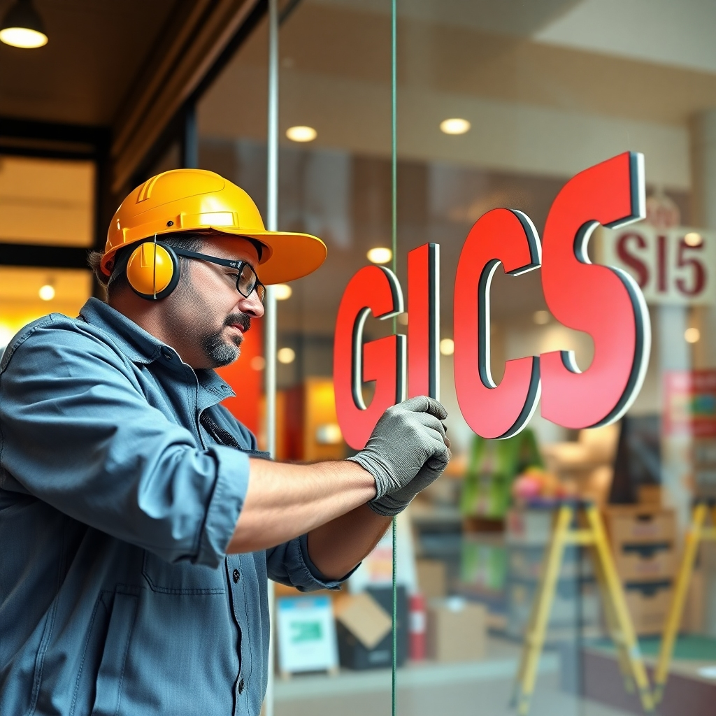 A professional installer working on installing a large glass sign on a storefront. The scene shows tools like suction cups and clamps, with a focus on the precision required in the process, and the vibrant storefront in the background.