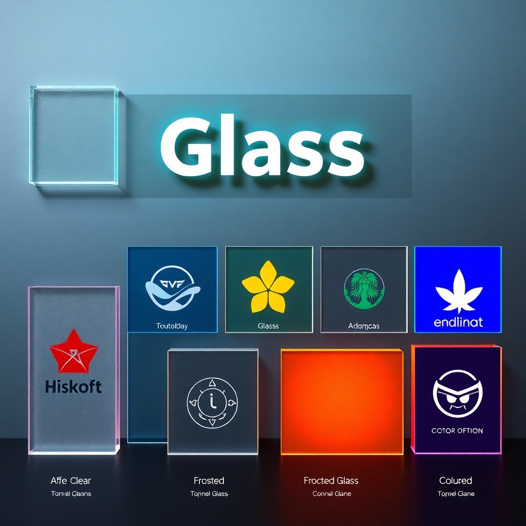 Create a photorealistic image showcasing a variety of glass types for signage, including clear, frosted, and colored glass. Arrange them in a visually appealing way, with sample logos and designs displayed next to each glass type to emphasize their characteristics.