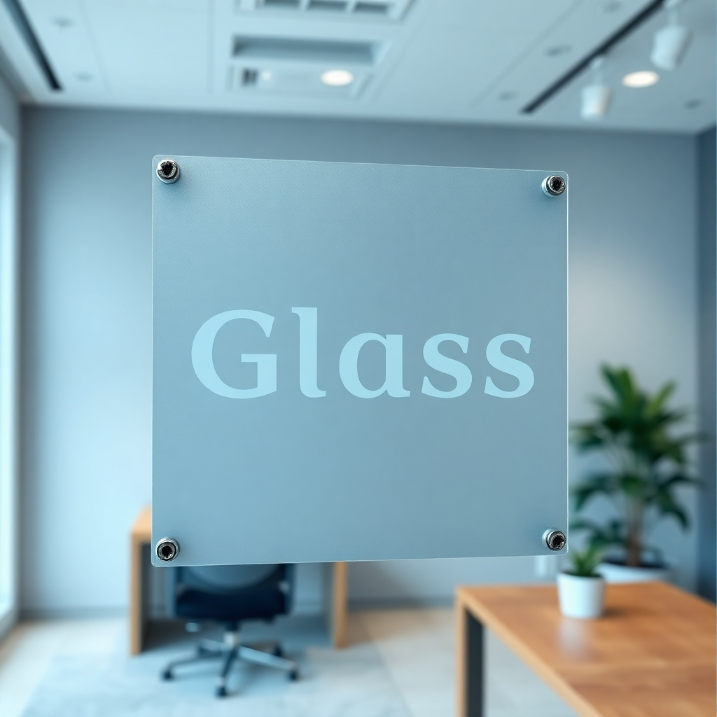 Create a photorealistic image of a custom glass sign displayed in a modern office environment. The sign features an elegant frosted design with etched lettering, showcasing a company logo. Soft diffused lighting illuminates the sign, highlighting the glass texture and the intricate details of the frosted surface. The color palette includes soothing shades of blue and silver, invoking a professional atmosphere. Capture the perspective from a slightly elevated angle, focusing on both the sign and the surrounding minimalist office decor, which includes a wooden desk and a potted plant in the background. Include reflections of the office lights on the glass surface, enhancing realism. The image should evoke a sophisticated and contemporary mood, rendered in ultra-detailed 8K resolution, emphasizing the transparency and clarity of the glass with a hyperrealistic touch, suitable for digital marketing and print materials.