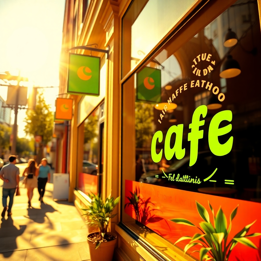 Create a stunning image showcasing a storefront featuring colorful window decals and vinyl signs with eye-catching graphics advertising a local cafe. The sun is shining brightly, creating a cheerful atmosphere, with warm natural light streaming through the windows, illuminating the vivid colors of the decals. The camera captures the scene from street level, emphasizing the decals' impact visually while also allowing a glimpse of the cafe's inviting interior. Include urban elements such as pedestrians walking by and greenery in the context, like potted plants positioned near the entrance. The color palette is vibrant, with shades of green, orange, and pink that enhance the friendly vibe of the cafe. Make sure to render the image in ultra-detailed 8K resolution, highlighting the glossy finish of the vinyl material and the sharpness of the graphics, creating an engaging visual that attracts attention and embodies the spirit of the business.