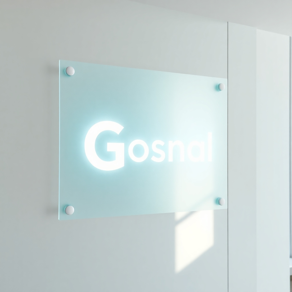 Generate a photorealistic image of a frosted glass sign featuring a company logo. The logo should be clear yet soft-edged, positioned on a wall in a minimalist office space. Light should softly illuminate the frosted surface.